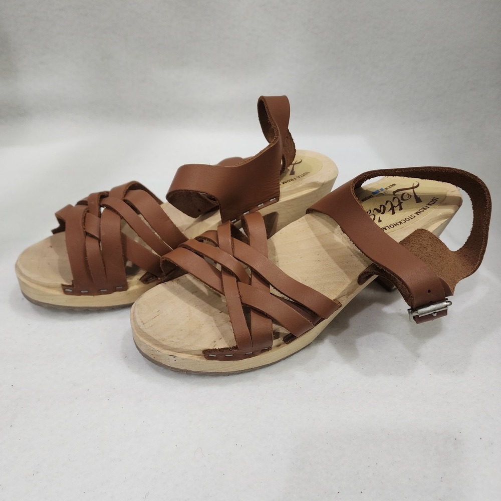 Lotta From Stockholm Womens 39 Eu Sandal Brown Leather Ankle Strap Wooden Heel